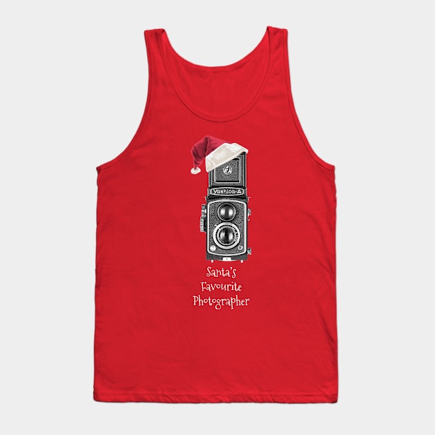 Christmas Vintage Camera with Santa hat - Favourite Photographer - White Text Tank Top by DecPhoto